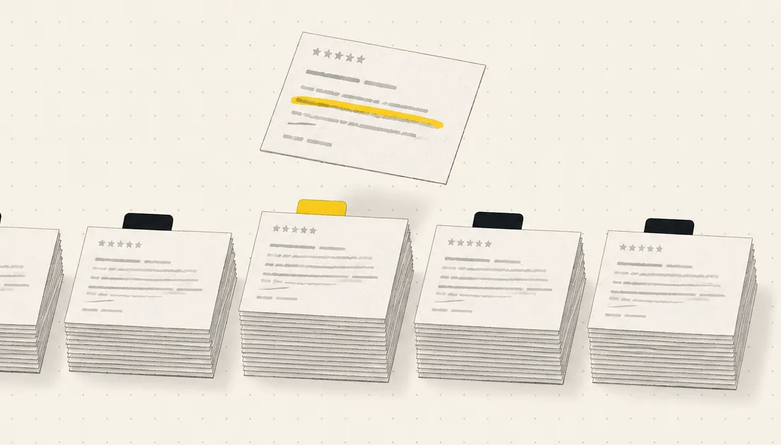 Review cards read and sorted into tidy labelled stacks; one stack's tab and one line on a floating card are highlighted in yellow